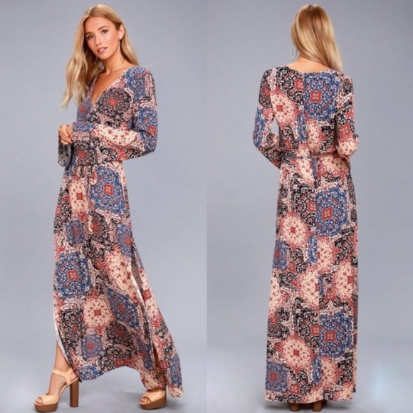 NWT LULUS / Mosaic Marvel Rust Orange Print Long Sleeve Maxi Dress Size XL - Picture 1 of 12